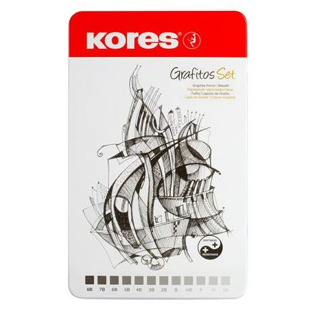 KORES Grafitceruza készlet, fém doboz, háromszögletű, KORES "GRAFITOS", 12 különböző keménység