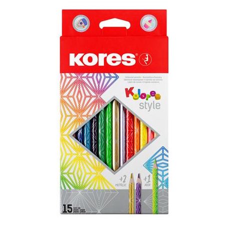 KORES Színes ceruza készlet, háromszögletű, KORES "Kolores Style", 15 különböző szín