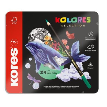 KORES Színes ceruza készlet, háromszögletű, fém doboz, KORES "Kolores Selection", 24 különböző szín