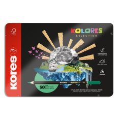   KORES Színes ceruza készlet, háromszögletű, fém doboz, KORES "Kolores Selection", 50 különböző szín