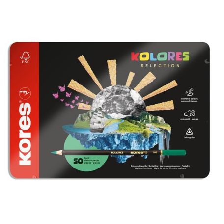 KORES Színes ceruza készlet, háromszögletű, fém doboz, KORES "Kolores Selection", 50 különböző szín