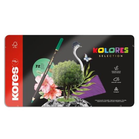 KORES Színes ceruza készlet, háromszögletű, fém doboz, KORES "Kolores Selection", 72 különböző szín