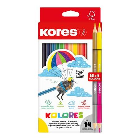 KORES Színes ceruza készlet, háromszögletű, KORES "Kolores", 12+2 különböző szín