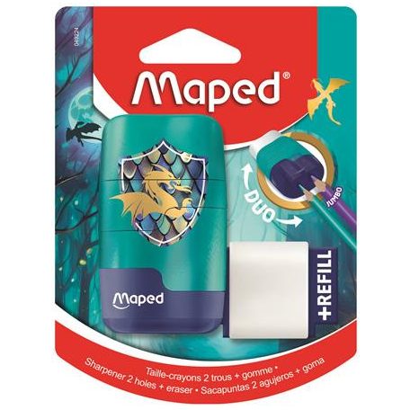 MAPED Hegyező és radír, kétlyukú, tartályos, pótradírral, MAPED "Connect Dragon", sárkány