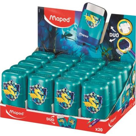 MAPED Hegyező és radír display, kétlyukú, tartályos, MAPED "Connect Dragon", sárkány