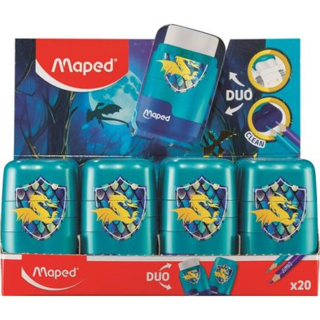 MAPED Hegyező és radír display, kétlyukú, tartályos, MAPED "Connect Dragon", sárkány