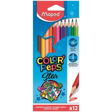 MAPED Színes ceruza készlet, háromszögletű, MAPED "Color'Peps Star", 12 különböző szín