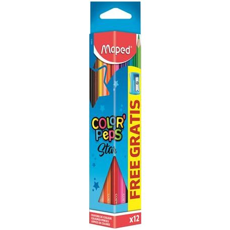 MAPED Színes ceruza készlet, háromszögletű, hegyezővel, MAPED "Color'Peps Star", 12 különböző szín