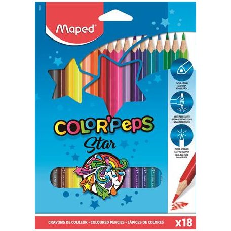 MAPED Színes ceruza készlet, háromszögletű, MAPED "Color'Peps Star", 18 különböző szín