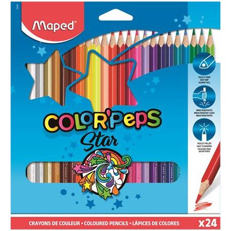 MAPED Színes ceruza készlet, háromszögletű, MAPED "Color'Peps Star", 24 különböző szín