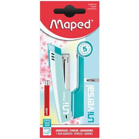 MAPED Tűzőgép, 24/6, 26/6, 20 lap, MAPED "Universal Metal Half-Strip Pastel", pasztell türkiz