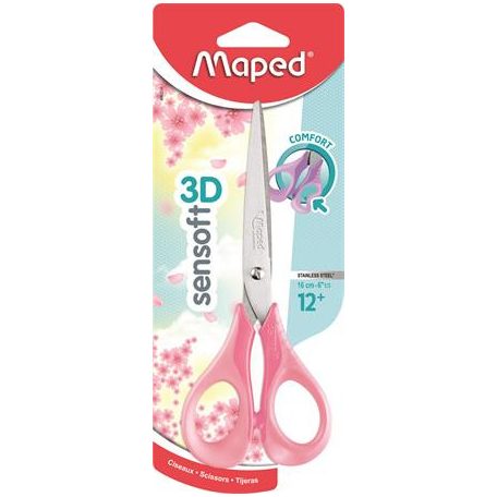 MAPED Olló, iskolai, 16 cm, rugalmas nyél, MAPED "Sensoft 3D", vegyes pasztell színek
