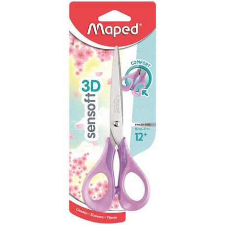 MAPED Olló, iskolai, 16 cm, rugalmas nyél, MAPED "Sensoft 3D", vegyes pasztell színek