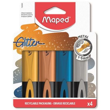 MAPED Szövegkiemelő készlet, 1-5 mm, MAPED "Glitter Fluo Peps", 4 különböző metálfényű szín