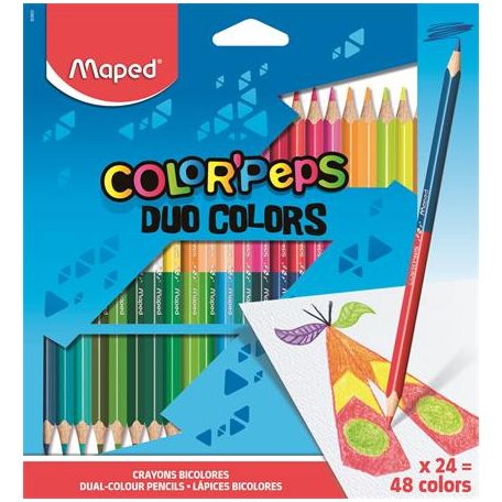 MAPED Színes ceruza készlet, háromszögletű, kétvégű, MAPED "Color'Peps Duo", 48 különböző szín