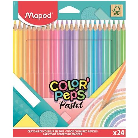 MAPED Színes ceruza készlet, háromszögletű, MAPED "Color'Peps Pastel", 24 különböző pasztell szín