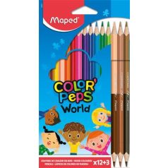   MAPED Színes ceruza készlet, háromszögletű, MAPED "Color'Peps World", 12 különböző szín + 3 kétvégű bőrtónus ceruza