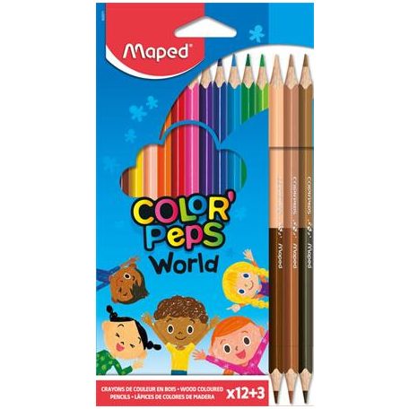 MAPED Színes ceruza készlet, háromszögletű, MAPED "Color'Peps World", 12 különböző szín + 3 kétvégű bőrtónus ceruza