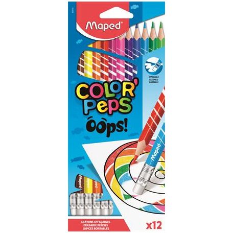 MAPED Színes ceruza készlet, háromszögletű, radírozható, MAPED "Color'Peps Oops", 12 különböző szín