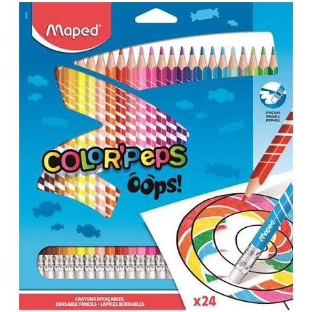 MAPED Színes ceruza készlet, háromszögletű, radírozható, MAPED "Color'Peps Oops", 24 különböző szín