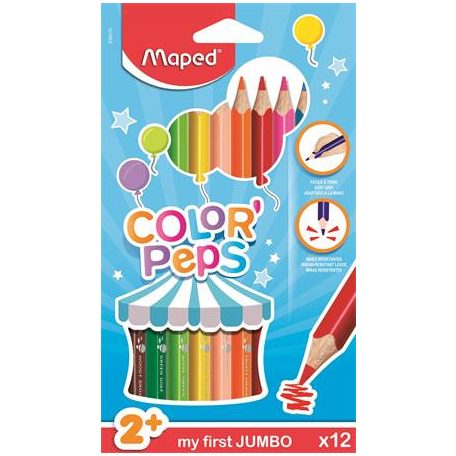 MAPED Színes ceruza készlet, háromszögletű, vastag, MAPED "Jumbo", 12 különböző szín