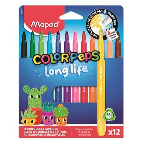MAPED Filctoll készlet, 3,7 mm, kimosható, MAPED „Color'Peps Long Life 2”, 12 különböző szín