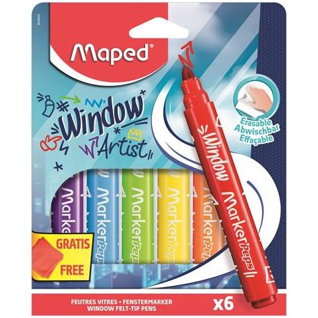 MAPED Ablakfilc készlet, vastag, törlőkendővel, 5 mm, MAPED "Marker'Peps", 6 különböző szín