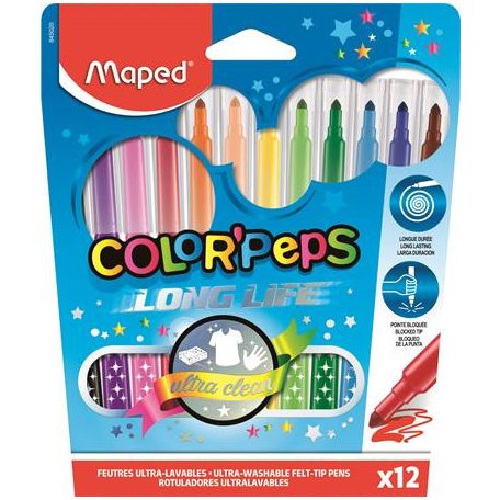 MAPED Filctoll készlet, 1-3,6 mm, kimosható, MAPED "Color'Peps Long Life", 12 különböző szín