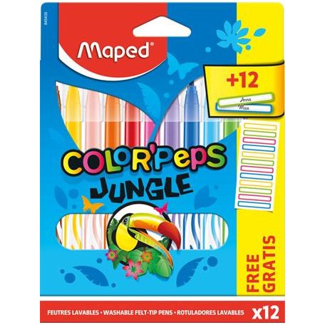 MAPED Filctoll készlet, 2,8 mm, kimosható, MAPED "Color'Peps Jungle" 12 különböző szín+12 ajándék matrica