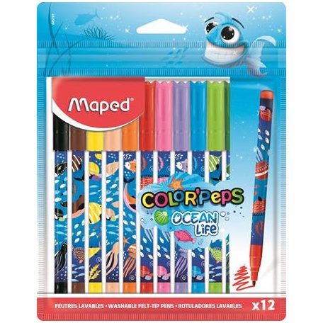 MAPED Filctoll készlet, 2 mm, kimosható, MAPED "Color'Peps Ocean Life", 12 különböző szín