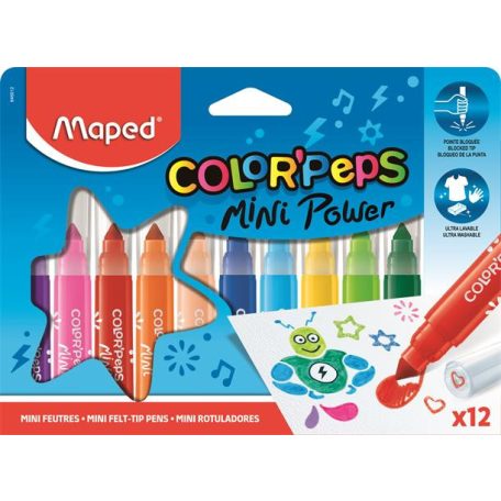 MAPED Filctoll készlet, 6,5 mm, kimosható, MAPED "Color'Peps Mini Power", 12 különböző szín