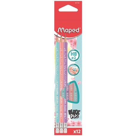 MAPED Grafitceruza radírral, HB, háromszögletű, MAPED "Black'Peps Pastel", vegyes pasztell színek