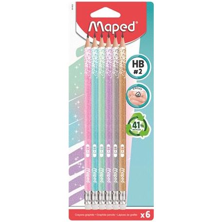 MAPED Grafitceruza radírral, HB, háromszögletű, MAPED "Black'Peps Glitter Deco", vegyes pasztell színek