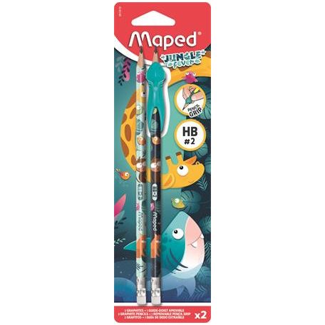 MAPED Grafitceruza radírral, HB, háromszögletű, ceruzafogóval, MAPED "Jungle Fever", kétféle minta