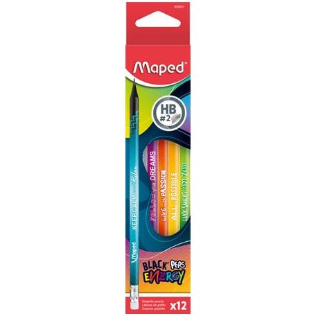 MAPED Grafitceruza radírral, HB, háromszögletű, MAPED "Black'Peps Energy", 6 különböző minta