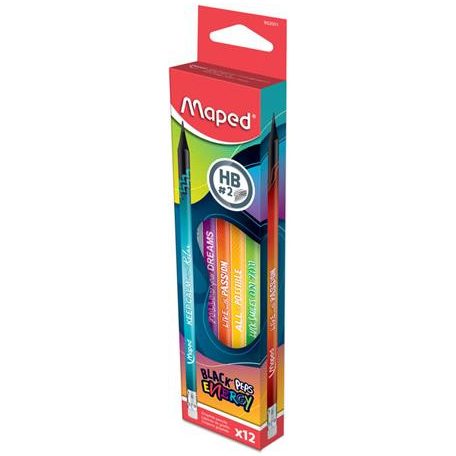MAPED Grafitceruza radírral, HB, háromszögletű, MAPED "Black'Peps Energy", 6 különböző minta