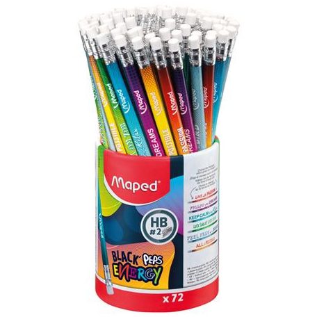 MAPED Grafitceruza radírral, ceruzatartó, HB, háromszögletű, MAPED "Black'Peps Energy", 6 különböző minta