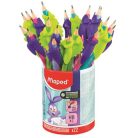 MAPED Írástanuló grafitceruza radírral, ceruzatartó, HB, háromszögletű, ceruzafogóval, MAPED "Kidy Learn", vegyes színek