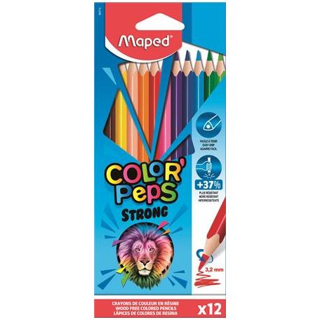 MAPED Színes ceruza készlet, háromszögletű, MAPED "Color'Peps Strong", 12 különböző szín