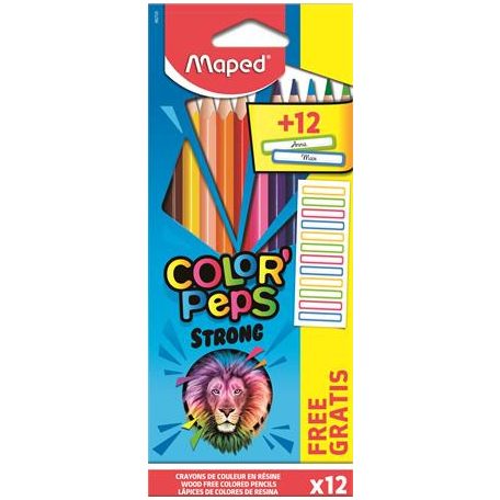 MAPED Színes ceruza készlet, háromszögletű, MAPED, "Color'Peps Strong" 12 különböző szín + 12 ajándék matrica