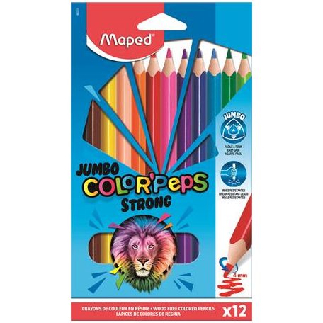 MAPED Színes ceruza készlet, háromszögletű, MAPED "Jumbo Color'Peps Strong", 12 különböző szín