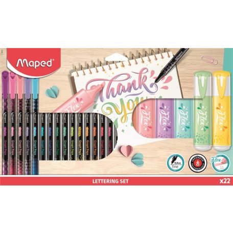 MAPED Kalligrafikus készlet, 22 darabos, MAPED "Lettering Set", 6 szövegkiemelő + 16 tűfilc különböző színekben