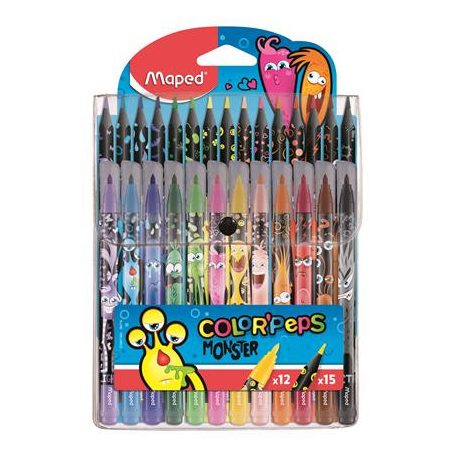 MAPED Filctoll és színes ceruza készlet, MAPED "Color'Peps Monster" 12+15 különböző szín