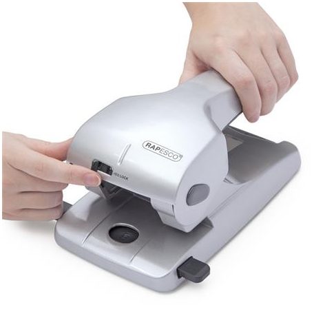 RAPESCO Lyukasztó, nagyteljesítményű, kétlyukú, 65 lap, fém, RAPESCO "Zero 65", ezüst