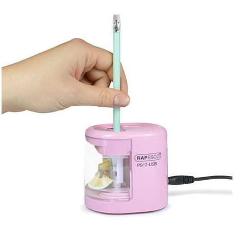 RAPESCO Hegyező, kétlyukú, asztali, elemes, USB töltővel, RAPESCO"PS12-USB", világos rózsaszín