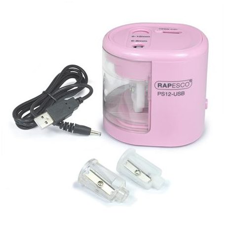 RAPESCO Hegyező, kétlyukú, asztali, elemes, USB töltővel, RAPESCO"PS12-USB", világos rózsaszín