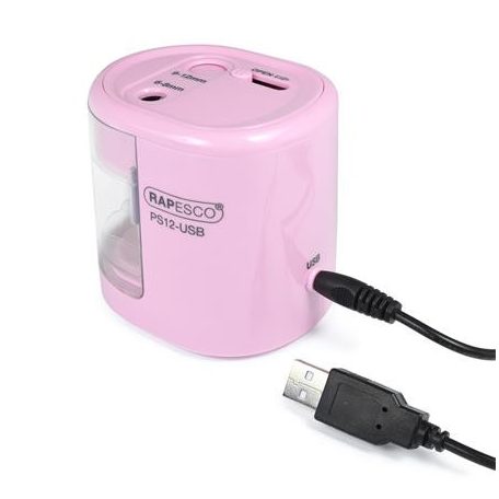 RAPESCO Hegyező, kétlyukú, asztali, elemes, USB töltővel, RAPESCO"PS12-USB", világos rózsaszín