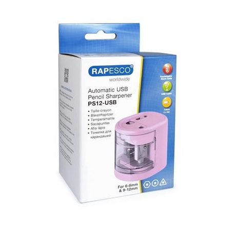 RAPESCO Hegyező, kétlyukú, asztali, elemes, USB töltővel, RAPESCO"PS12-USB", világos rózsaszín