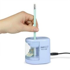   RAPESCO Hegyező, kétlyukú, asztali, elemes, USB töltővel, RAPESCO"PS12-USB", világoskék