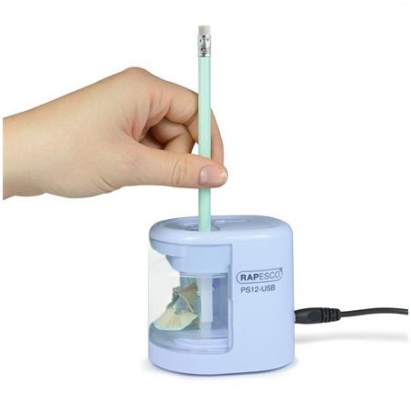 RAPESCO Hegyező, kétlyukú, asztali, elemes, USB töltővel, RAPESCO"PS12-USB", világoskék